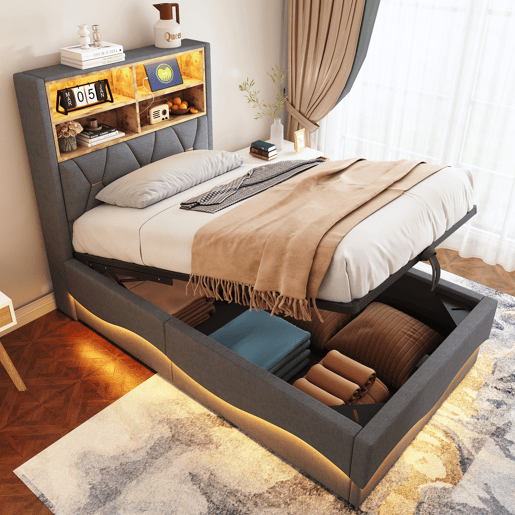 Cama de solteiro de linho 90x200 cm com armazenamento e luz led,cinza