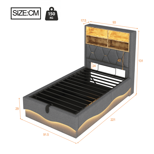 Cama de solteiro de linho 90x200 cm com armazenamento e luz led,cinza