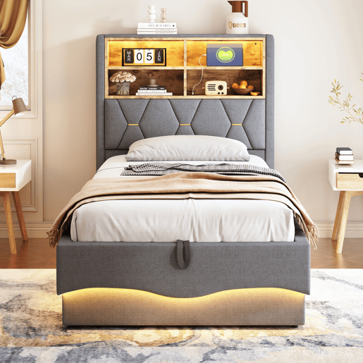 Cama de solteiro de linho 90x200 cm com armazenamento e luz led,cinza