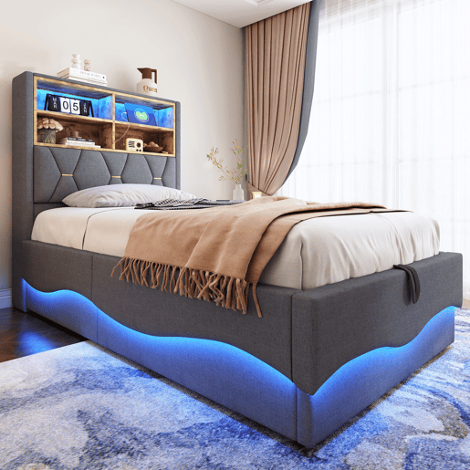 Cama de solteiro de linho 90x200 cm com armazenamento e luz led,cinza