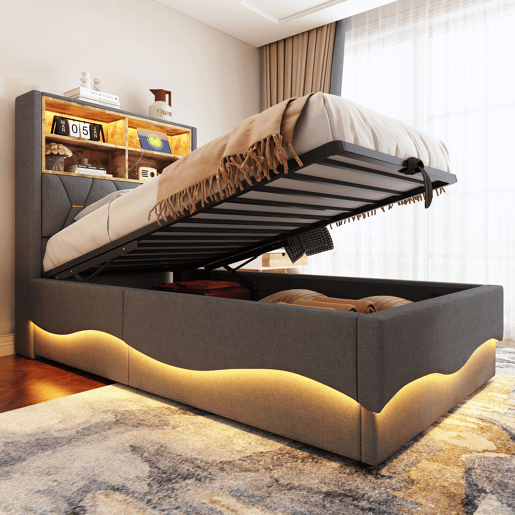 Cama de solteiro de linho 90x200 cm com armazenamento e luz led,cinza