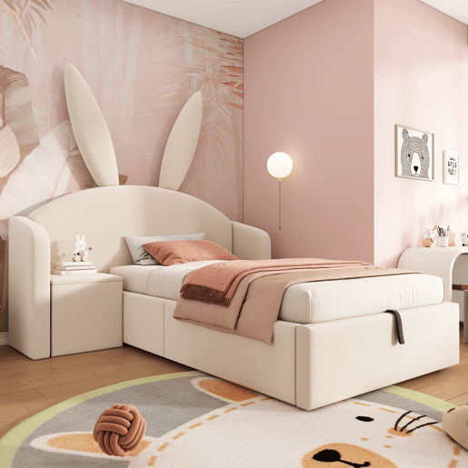 Cama de criança,cama de solteiro de veludo 90x190 cm com armazenamento,bege Cama de criança,cama de solteiro de veludo 90x190 cm com armazenamento,bege