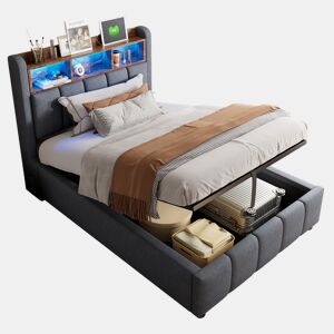 Cama de solteiro de linho 90x200 cm com armazenamento e luz led,cinza