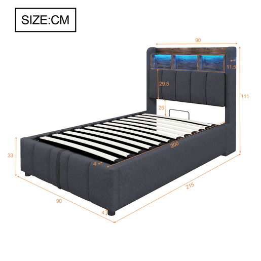 Cama de solteiro de linho 90x200 cm com armazenamento e luz led,cinza Cama de solteiro de linho 90x200 cm com armazenamento e luz led,cinza