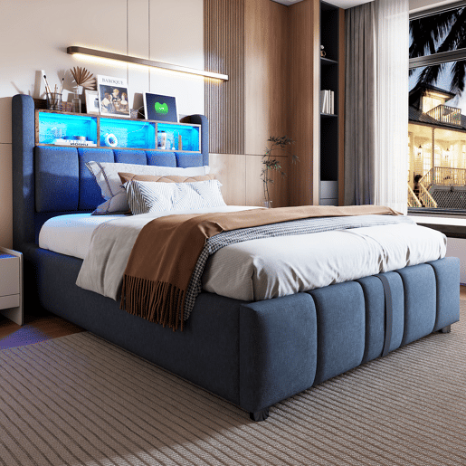 Cama de solteiro de linho 90x200 cm com armazenamento e luz led,cinza Cama de solteiro de linho 90x200 cm com armazenamento e luz led,cinza
