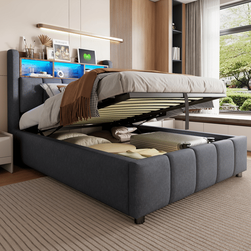 Cama de solteiro de linho 90x200 cm com armazenamento e luz led,cinza Cama de solteiro de linho 90x200 cm com armazenamento e luz led,cinza