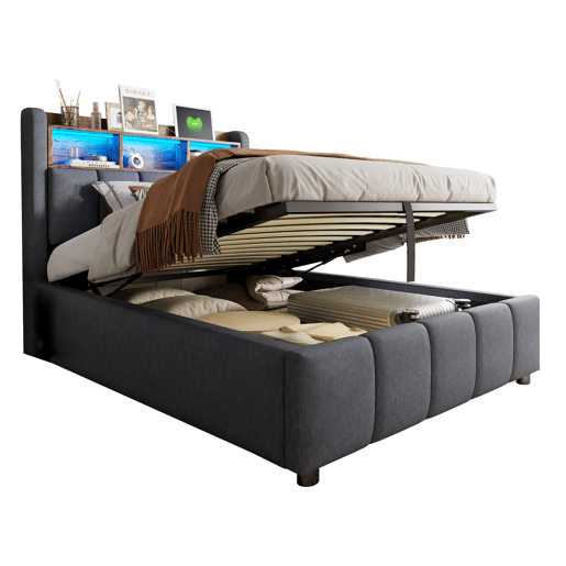 Cama de solteiro de linho 90x200 cm com armazenamento e luz led,cinza Cama de solteiro de linho 90x200 cm com armazenamento e luz led,cinza