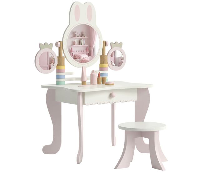 Aiyaplay tocador para niñas, tocador de maquillaje niñas con taburete, espejos giratorios, cajón, 6 accesorios, bandejas laterales, juguete para +3