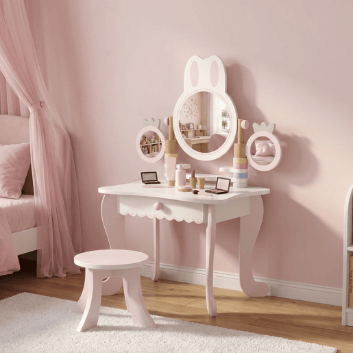 AIYAPLAY Penteadeira Infantil para Menina com Banco, Espelhos Giratórios, Gaveta e 6 Acessórios, Rosa, +3 Anos AIYAPLAY Penteadeira Infantil para Menina com Banco, Espelhos Giratórios, Gaveta e 6 Acessórios, Rosa, +3 Anos