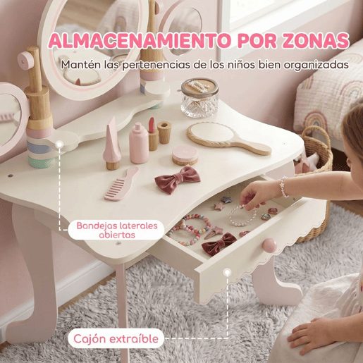 AIYAPLAY Penteadeira Infantil para Menina com Banco, Espelhos Giratórios, Gaveta e 6 Acessórios, Rosa, +3 Anos AIYAPLAY Penteadeira Infantil para Menina com Banco, Espelhos Giratórios, Gaveta e 6 Acessórios, Rosa, +3 Anos