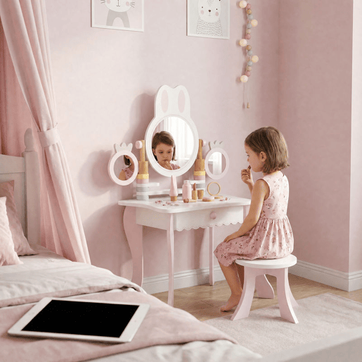 AIYAPLAY Penteadeira Infantil para Menina com Banco, Espelhos Giratórios, Gaveta e 6 Acessórios, Rosa, +3 Anos AIYAPLAY Penteadeira Infantil para Menina com Banco, Espelhos Giratórios, Gaveta e 6 Acessórios, Rosa, +3 Anos