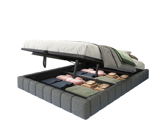 Cama de matrimonio de lino 140x200 cm con almacenaje y luz led,gris