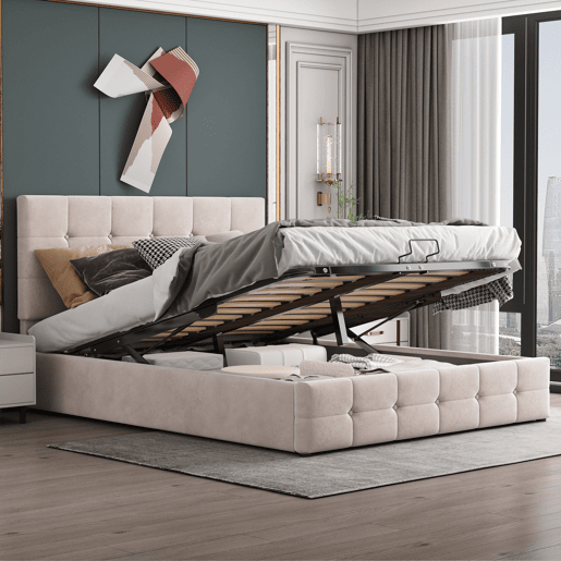 Cama de casal de veludo 140x200 cm com armazenamento,branco Cama de casal de veludo 140x200 cm com armazenamento,branco