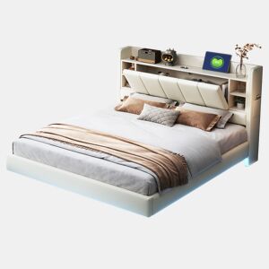 Cama de casal de linho 140x200 cm com luz led,bege