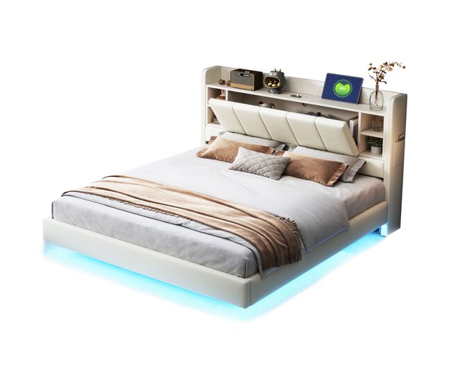 Cama de matrimonio de lino 140x200 cm con luz led,beige