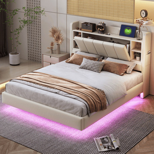 Cama de casal de linho 140x200 cm com luz led,bege Cama de casal de linho 140x200 cm com luz led,bege