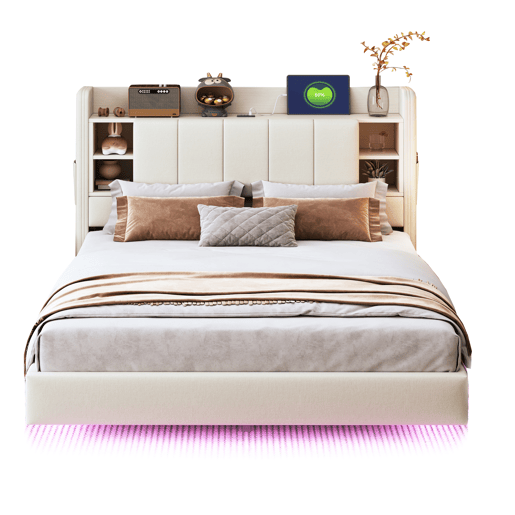 Cama de casal de linho 140x200 cm com luz led,bege Cama de casal de linho 140x200 cm com luz led,bege
