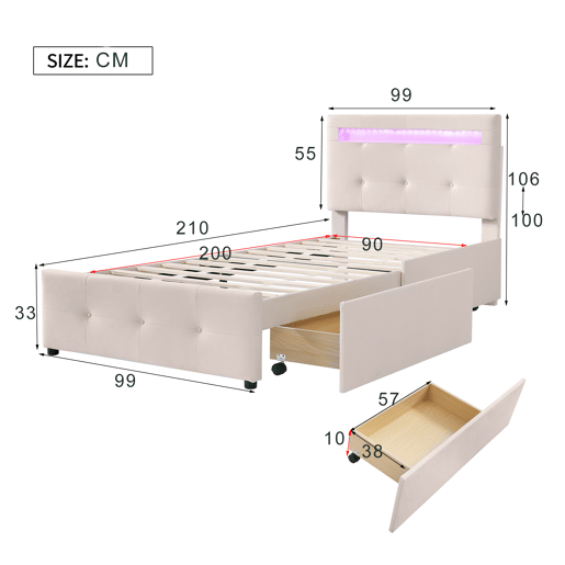 cama juvenil,cama de solteiro de tecido 90x200 cm com luz led,bege cama juvenil,cama de solteiro de tecido 90x200 cm com luz led,bege