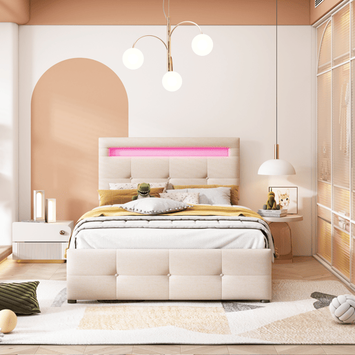 cama juvenil,cama de solteiro de tecido 90x200 cm com luz led,bege cama juvenil,cama de solteiro de tecido 90x200 cm com luz led,bege
