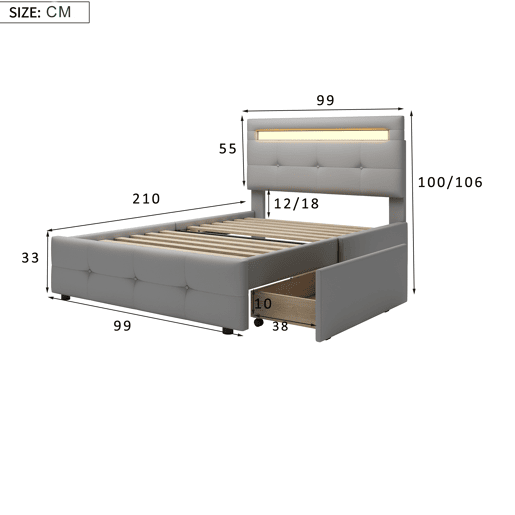 cama juvenil,cama de solteiro de tecido 90x200 cm com luz led,cinza