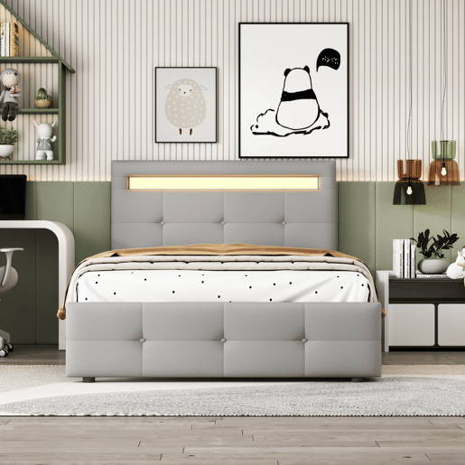cama juvenil,cama de solteiro de tecido 90x200 cm com luz led,cinza