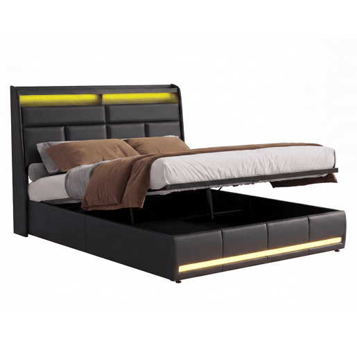 Cama 140x200cm, LED, cama funcional, cama com arrumação, cama de casal