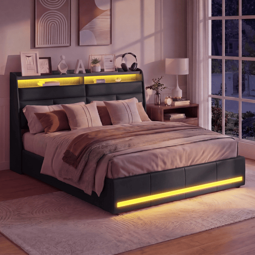 Cama 140x200cm, LED, cama funcional, cama com arrumação, cama de casal