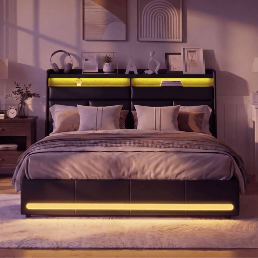 Cama 140x200cm, LED, cama funcional, cama com arrumação, cama de casal