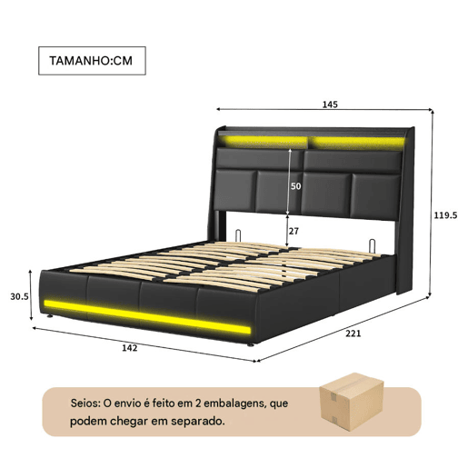 Cama 140x200cm, LED, cama funcional, cama com arrumação, cama de casal