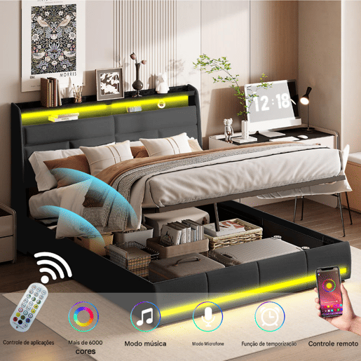 Cama 140x200cm, LED, cama funcional, cama com arrumação, cama de casal