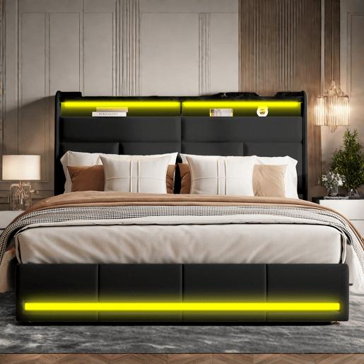 Cama 140x200cm, LED, cama funcional, cama com arrumação, cama de casal