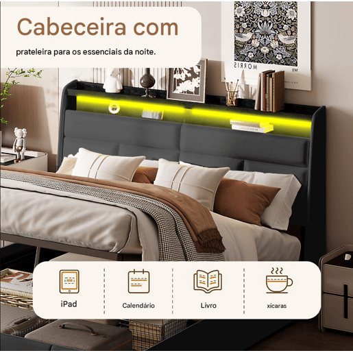 Cama 140x200cm, LED, cama funcional, cama com arrumação, cama de casal