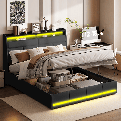 Cama 140x200cm, LED, cama funcional, cama com arrumação, cama de casal
