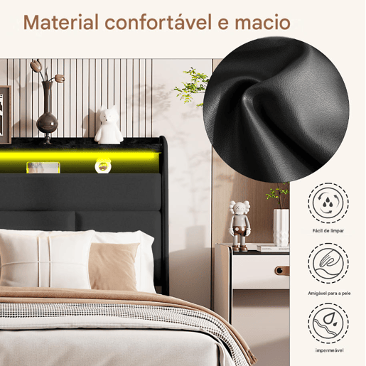 Cama 140x200cm, LED, cama funcional, cama com arrumação, cama de casal