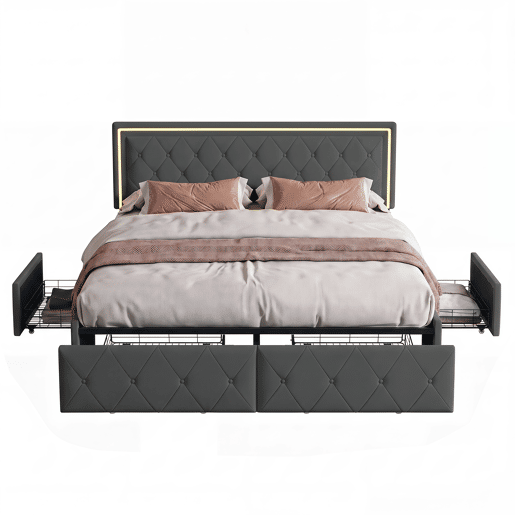 Cama de casal 140x200 cm, cabeceira com LED, cama estofada com 4 gavetas, cama com estrado de ripas e estrutura metálica, cama estofada com cabeceira regulável em altura, PU, u200Bu200Bu200Bu200Bcinza Cama de casal 140x200 cm, cabeceira com LED, cama estofada com 4 gavetas, cama com estrado de ripas e estrutura metálica, cama estofada com cabeceira regulável em altura, PU, u200Bu200Bu200Bu200Bcinza