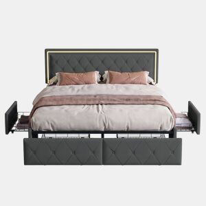Cama de casal 140x200 cm, cabeceira com LED, cama estofada com 4 gavetas, cama com estrado de ripas e estrutura metálica, cama estofada com cabeceira regulável em altura, PU, u200Bu200Bu200Bu200Bcinza