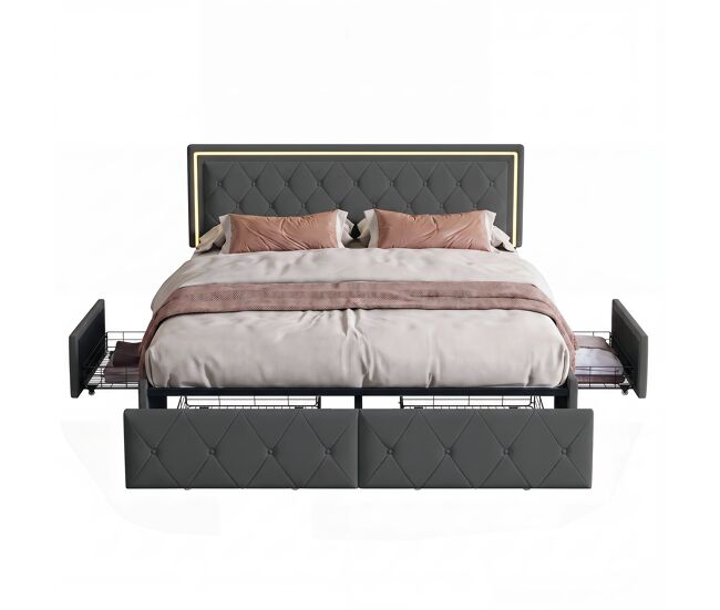 Cama doble 140x200 cm, led, 4 cajones, cama con somier de láminas y estructura de metal, pu, gris