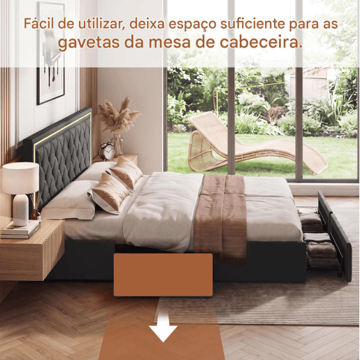 Cama de casal 140x200 cm, cabeceira com LED, cama estofada com 4 gavetas, cama com estrado de ripas e estrutura metálica, cama estofada com cabeceira regulável em altura, PU, u200Bu200Bu200Bu200Bcinza Cama de casal 140x200 cm, cabeceira com LED, cama estofada com 4 gavetas, cama com estrado de ripas e estrutura metálica, cama estofada com cabeceira regulável em altura, PU, u200Bu200Bu200Bu200Bcinza