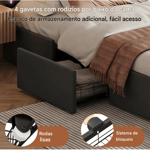 Cama de casal 140x200 cm, cabeceira com LED, cama estofada com 4 gavetas, cama com estrado de ripas e estrutura metálica, cama estofada com cabeceira regulável em altura, PU, u200Bu200Bu200Bu200Bcinza Cama de casal 140x200 cm, cabeceira com LED, cama estofada com 4 gavetas, cama com estrado de ripas e estrutura metálica, cama estofada com cabeceira regulável em altura, PU, u200Bu200Bu200Bu200Bcinza