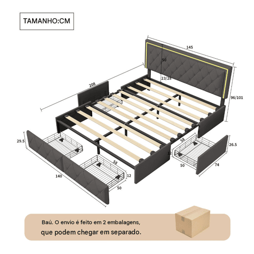 Cama de casal 140x200 cm, cabeceira com LED, cama estofada com 4 gavetas, cama com estrado de ripas e estrutura metálica, cama estofada com cabeceira regulável em altura, PU, u200Bu200Bu200Bu200Bcinza Cama de casal 140x200 cm, cabeceira com LED, cama estofada com 4 gavetas, cama com estrado de ripas e estrutura metálica, cama estofada com cabeceira regulável em altura, PU, u200Bu200Bu200Bu200Bcinza