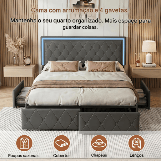 Cama de casal 140x200 cm, cabeceira com LED, cama estofada com 4 gavetas, cama com estrado de ripas e estrutura metálica, cama estofada com cabeceira regulável em altura, PU, u200Bu200Bu200Bu200Bcinza Cama de casal 140x200 cm, cabeceira com LED, cama estofada com 4 gavetas, cama com estrado de ripas e estrutura metálica, cama estofada com cabeceira regulável em altura, PU, u200Bu200Bu200Bu200Bcinza
