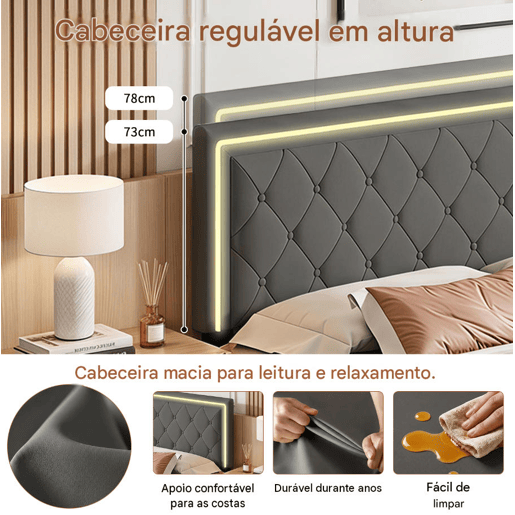 Cama de casal 140x200 cm, cabeceira com LED, cama estofada com 4 gavetas, cama com estrado de ripas e estrutura metálica, cama estofada com cabeceira regulável em altura, PU, u200Bu200Bu200Bu200Bcinza Cama de casal 140x200 cm, cabeceira com LED, cama estofada com 4 gavetas, cama com estrado de ripas e estrutura metálica, cama estofada com cabeceira regulável em altura, PU, u200Bu200Bu200Bu200Bcinza