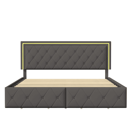 Cama de casal 140x200 cm, cabeceira com LED, cama estofada com 4 gavetas, cama com estrado de ripas e estrutura metálica, cama estofada com cabeceira regulável em altura, PU, u200Bu200Bu200Bu200Bcinza Cama de casal 140x200 cm, cabeceira com LED, cama estofada com 4 gavetas, cama com estrado de ripas e estrutura metálica, cama estofada com cabeceira regulável em altura, PU, u200Bu200Bu200Bu200Bcinza