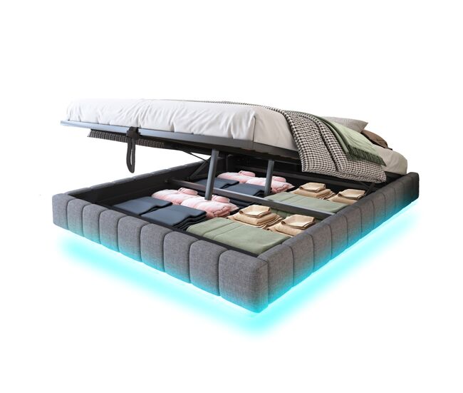 Cama de matrimonio de lino 180x200 cm con almacenaje y luz led,gris