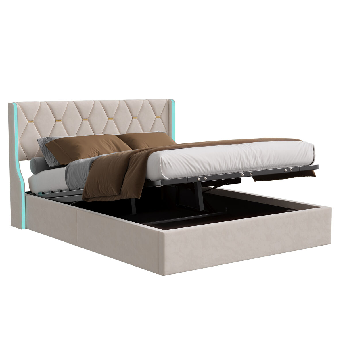Cama 160x200cm, led, cama doble, cama funcional, cama con canapé, cama con muelles, cama juvenil, beige