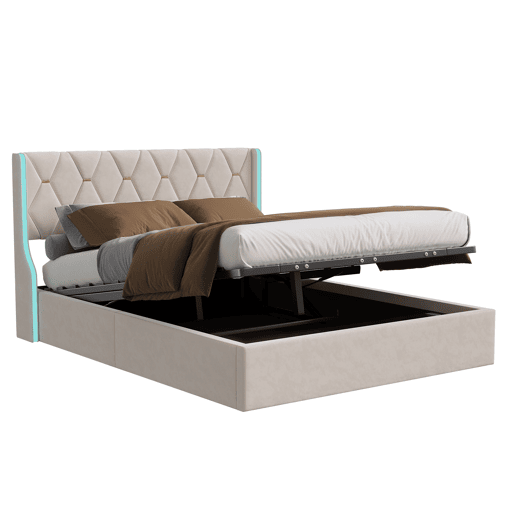 Cama 160x200cm, LED, cama de casal, cama funcional, cama box spring, cama jovem, bege