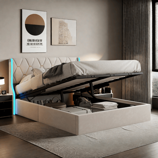 Cama 160x200cm, LED, cama de casal, cama funcional, cama box spring, cama jovem, bege