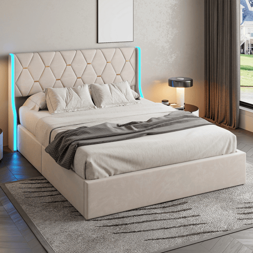 Cama 160x200cm, LED, cama de casal, cama funcional, cama box spring, cama jovem, bege