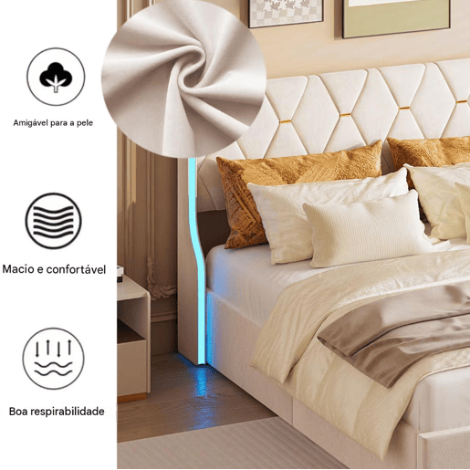 Cama 160x200cm, LED, cama de casal, cama funcional, cama box spring, cama jovem, bege