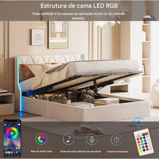 Cama 160x200cm, LED, cama de casal, cama funcional, cama box spring, cama jovem, bege